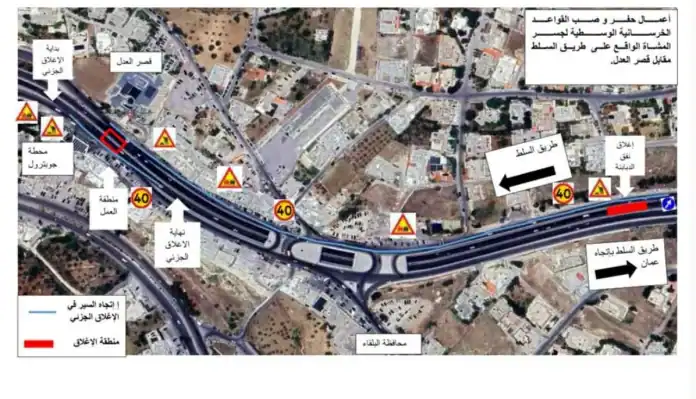 تحويلات مرورية جزئية على طريق عمان–السلط الليلة من 11 مساءً حتى صباح الجمعة