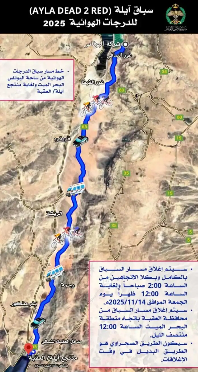 إغلاق كامل لمسار سباق آيلة DEAD2RED للدراجات يوم الجمعة 14 نوفمبر 2025 في الأردن