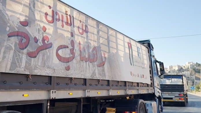 A new Jordanian aid convoy, including 50 trucks of flour and baby milk, departs for Gaza.